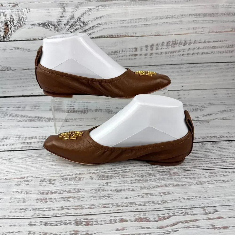 Tory Burch Britten Womens US 5M Ballet Flats Brown Leather Gold Logo